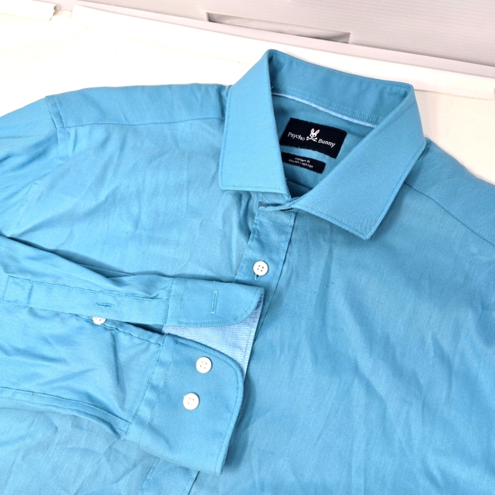 Psycho Bunny Mens Shirt 15.5 32/33 Blue Long Sleeve Button Down Shirt Flip Cuff.